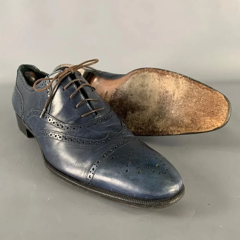 YVES SAINT LAURENT Size 9 Navy Wingtip Leather Cap Toe Lace Up Shoes